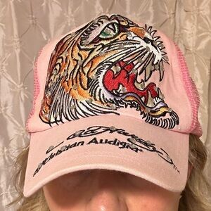 Vintage Ed Hardy Pink Tiger Trucker Baseball Hat Y2K 00s Embroidered Rhinestone